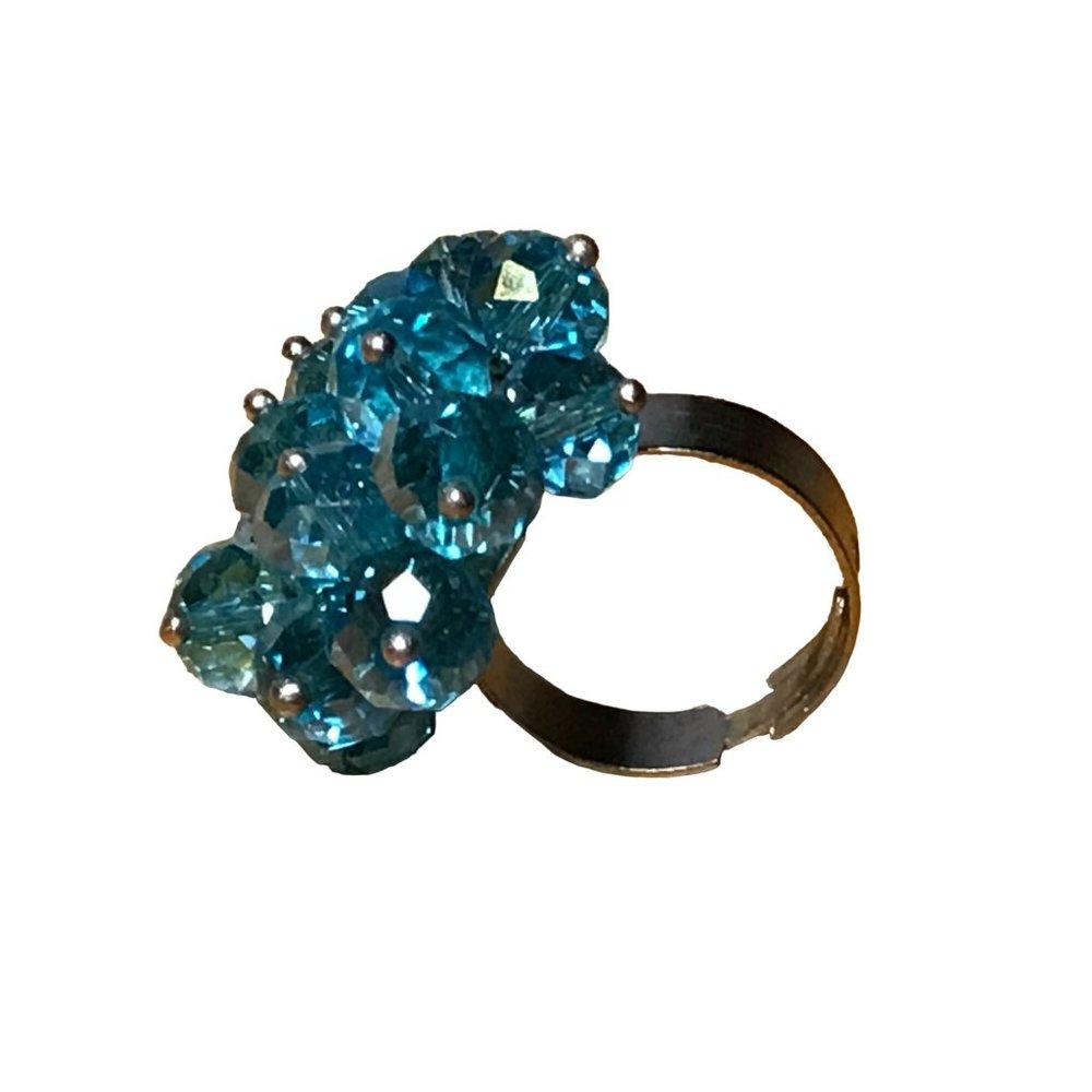 Vintage Aqua Blue Faceted AB Crystal Bead Cluster Cocktail Ring Adjustable - Picture 4 of 10